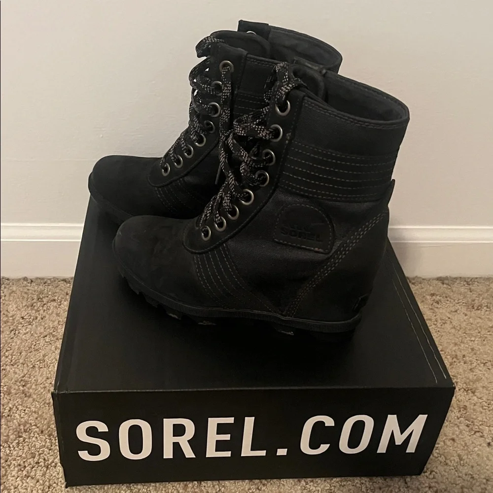 Sorel Black Lace-Up Wedge Boots - Picture 2 of 6